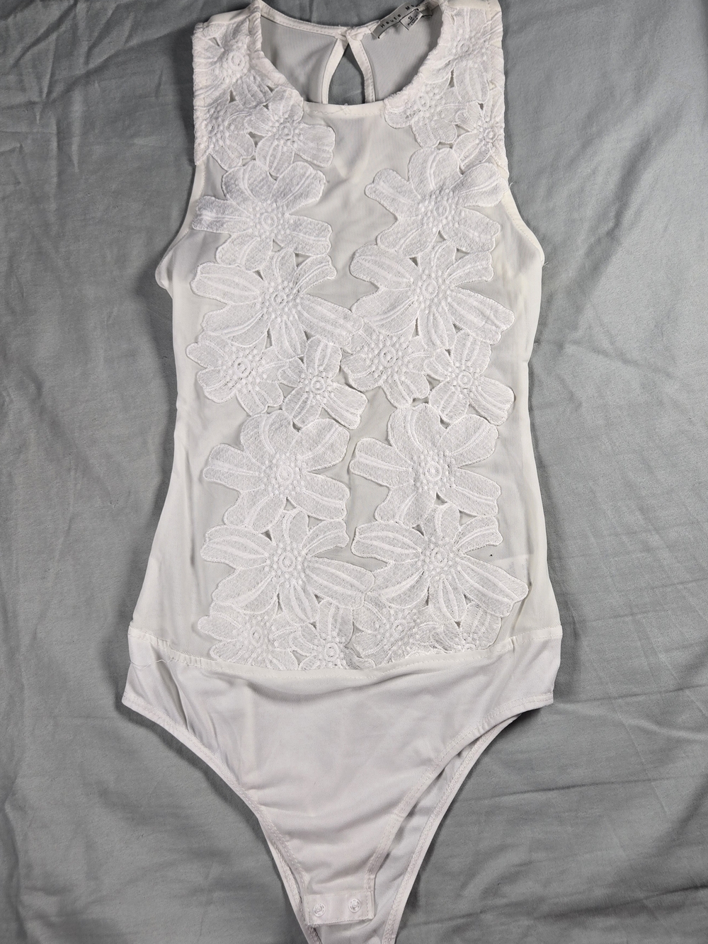 Haute Mode Women's White Floral Lace Mesh One-Piece Bodysuit Stretch S Y2K